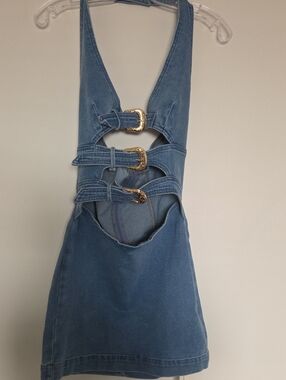 Commense Blue Denim Belted Mini Dress with Gold Buckles